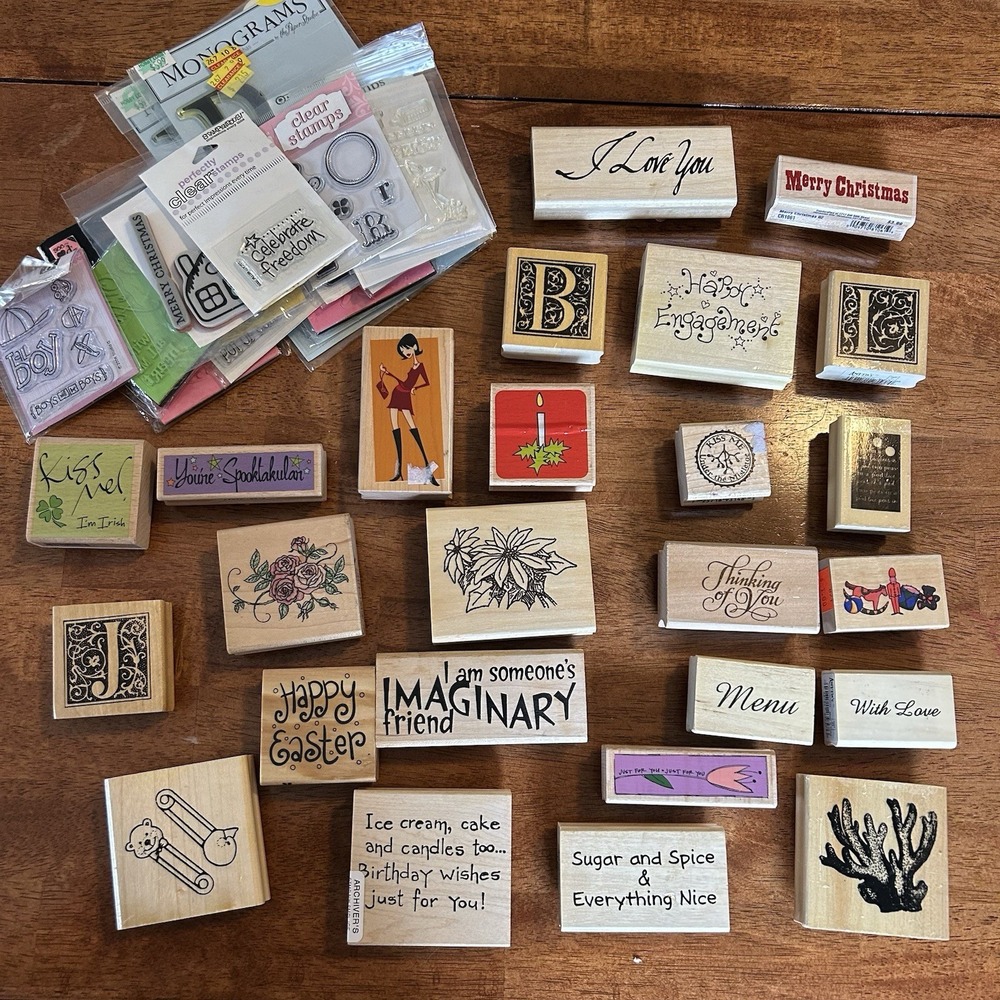Lot Of 25+ Wood Mounted Rubber Stamps Soft Mixed Themes Sizes Designs